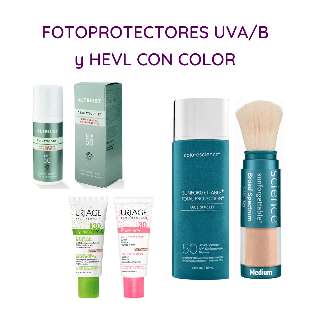 Algunos fotoprotectores UVA/B y HEVL con color (tintados).
