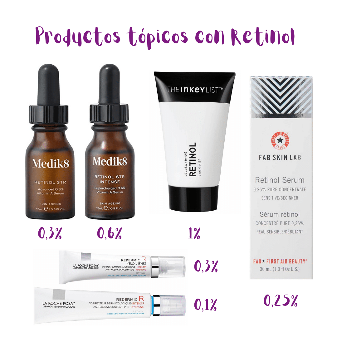 Productos tópicos para el cuidado de la piel con diferentes porcentajes de retinol.