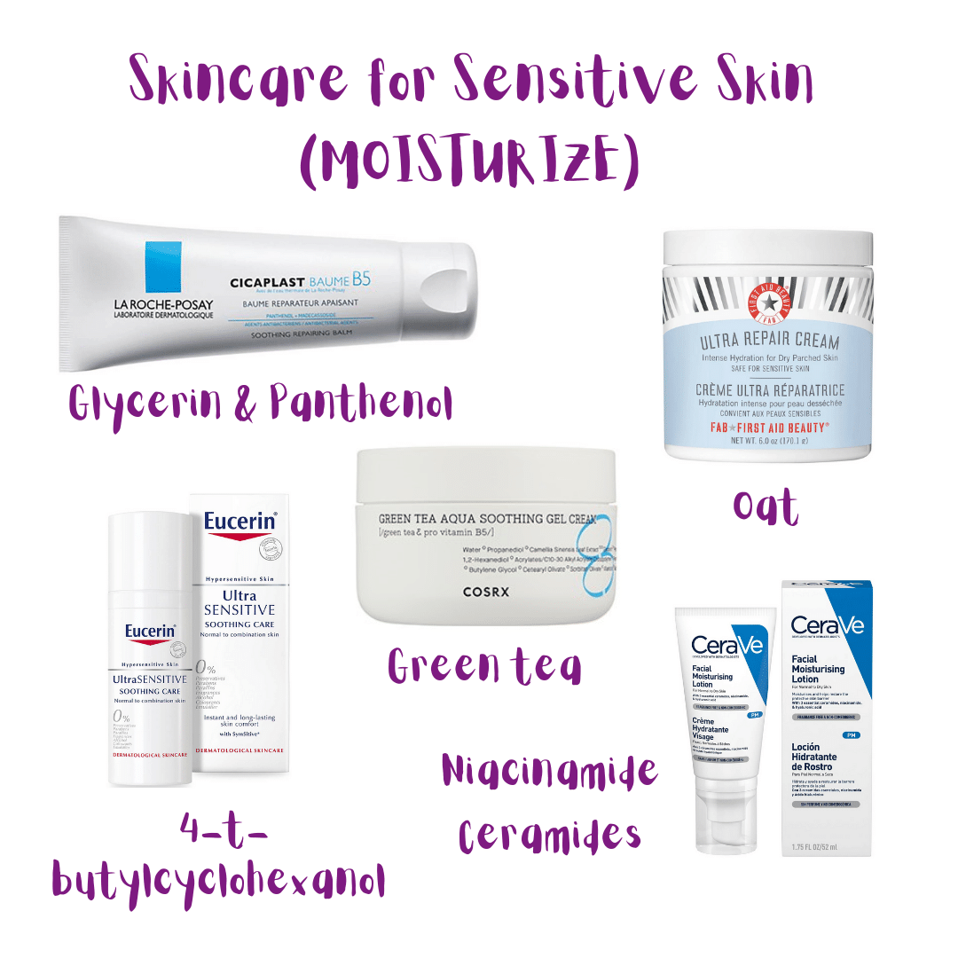 Skincare products for sensitive skin (moisturizers).