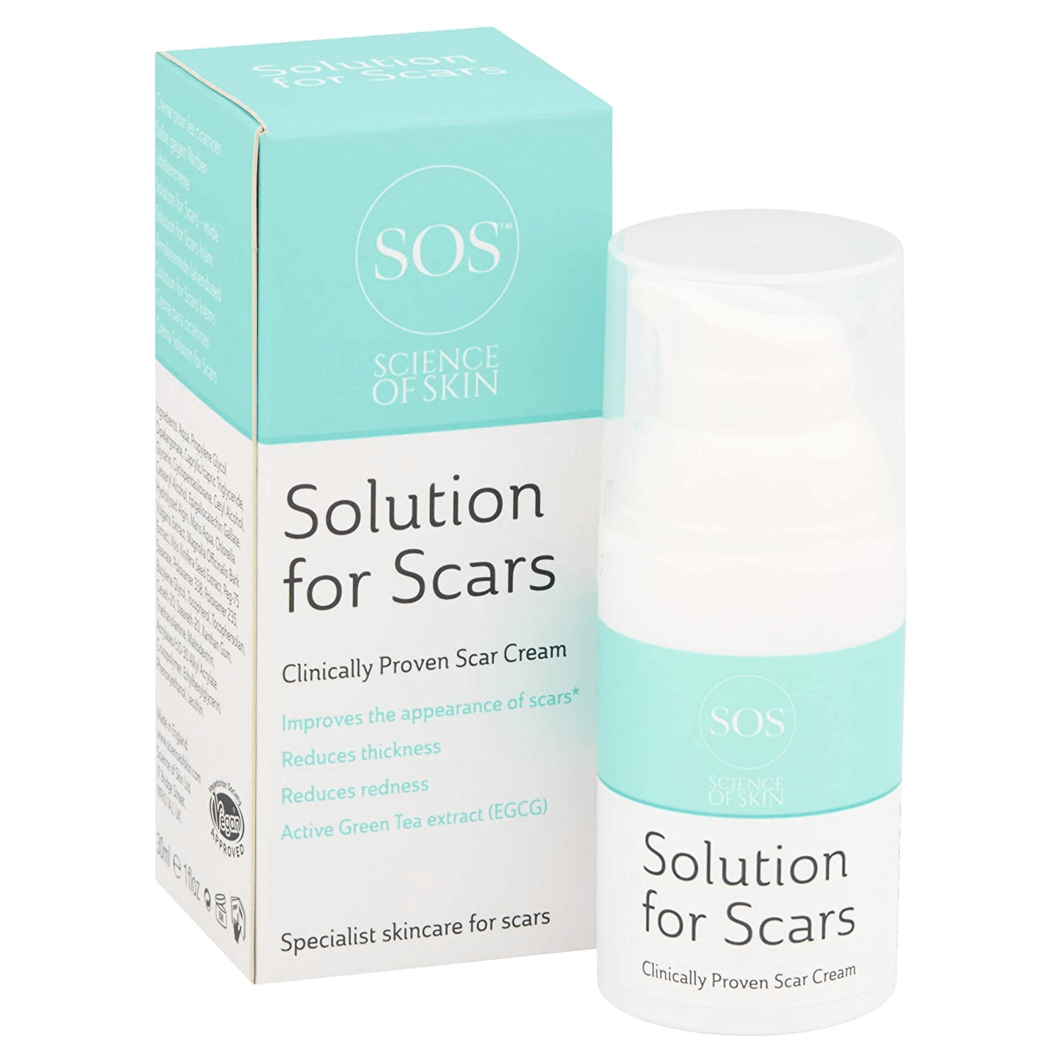 Solution for Scars de Science of Skin está clínicamente probado para la mejora del aspecto de cicatrices.  Contiene extracto de té verde.