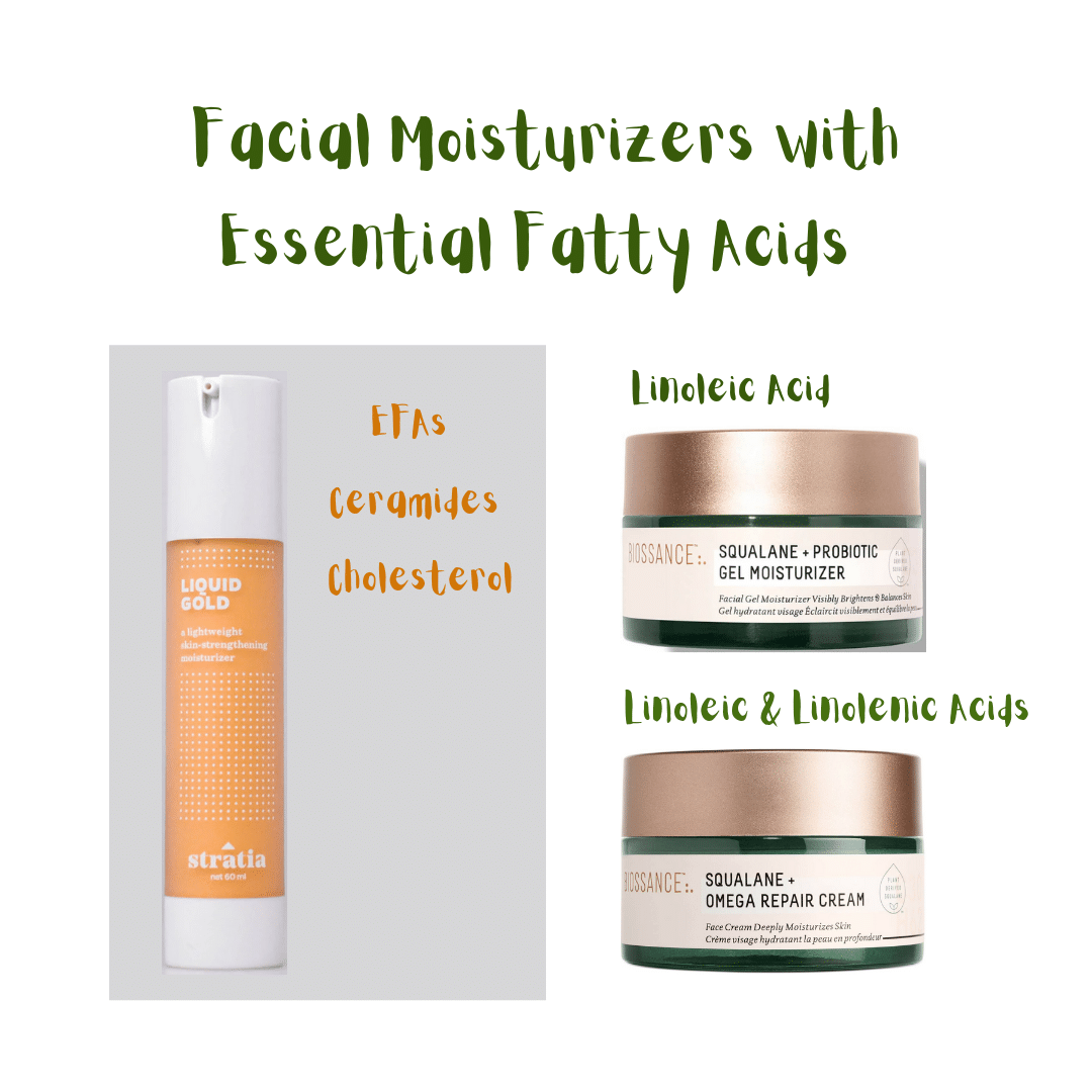 Facial Moisturizers with EFAs: Liquid Gold (Stratia), Squalane + Probiotic Gel Moisturizer (Biossance), and Squalane + Omega Repair Cream (Biossance).
