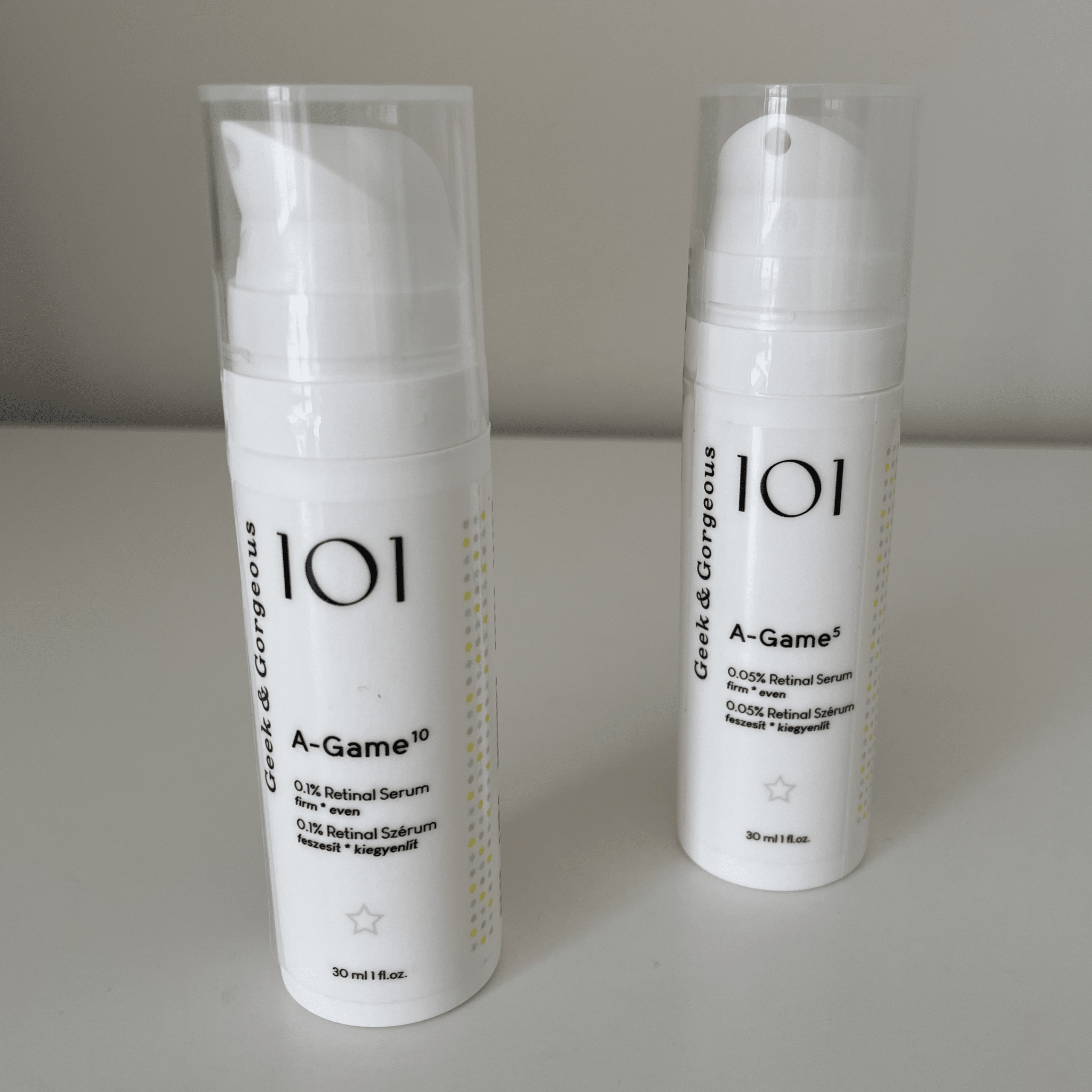 Photograph: products with retinal 0.1% and 0.05% (for the most sensitive areas) that I use. They are from the brand Geek & Gorgeous.