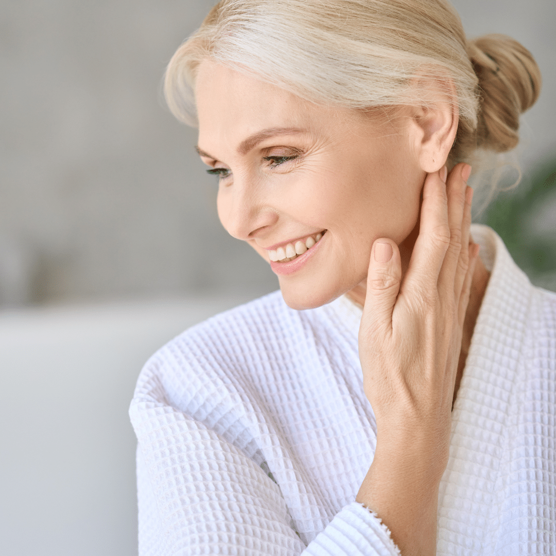 Photograph: chronologically older woman with young, healthy skin.