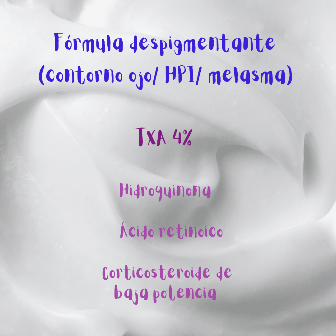 Ilustración: fórmula tópica para el tratamiento de hiperpigmentación postinflamatoria y melasma por debajo de los ojos. Incluye Terapia Triple Combinada y ácido tranexámico.