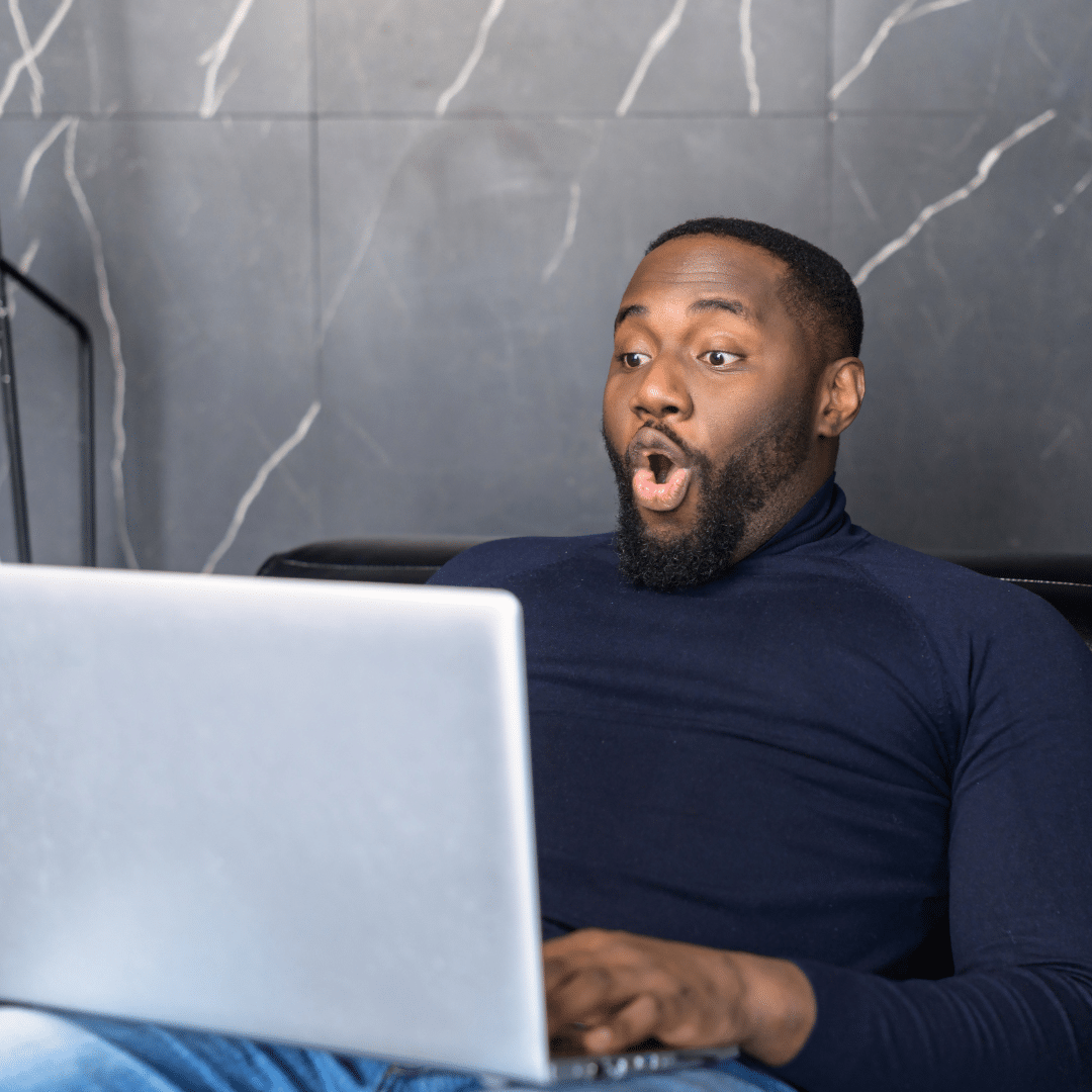 Wow effect: photograph of astonished man looking at a picture on his computer. Similarly, I noticed an astonishing depigmenting effect on the first days of the tranexamic acid treatment.
