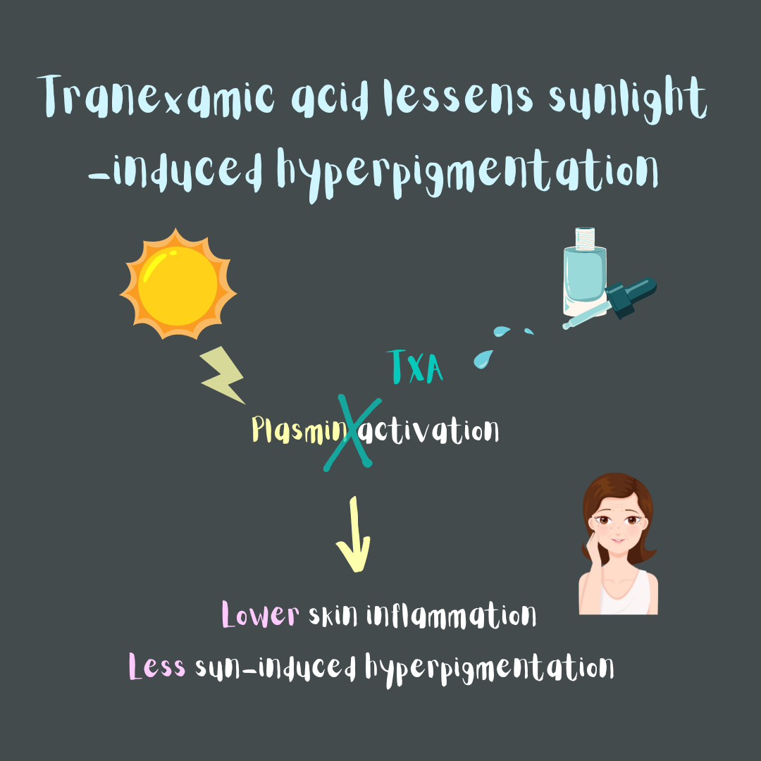 Illustration: tranexamic acid lessens sunlight-induced skin inflammation and hyperpigmentation through plasmin inactivation.