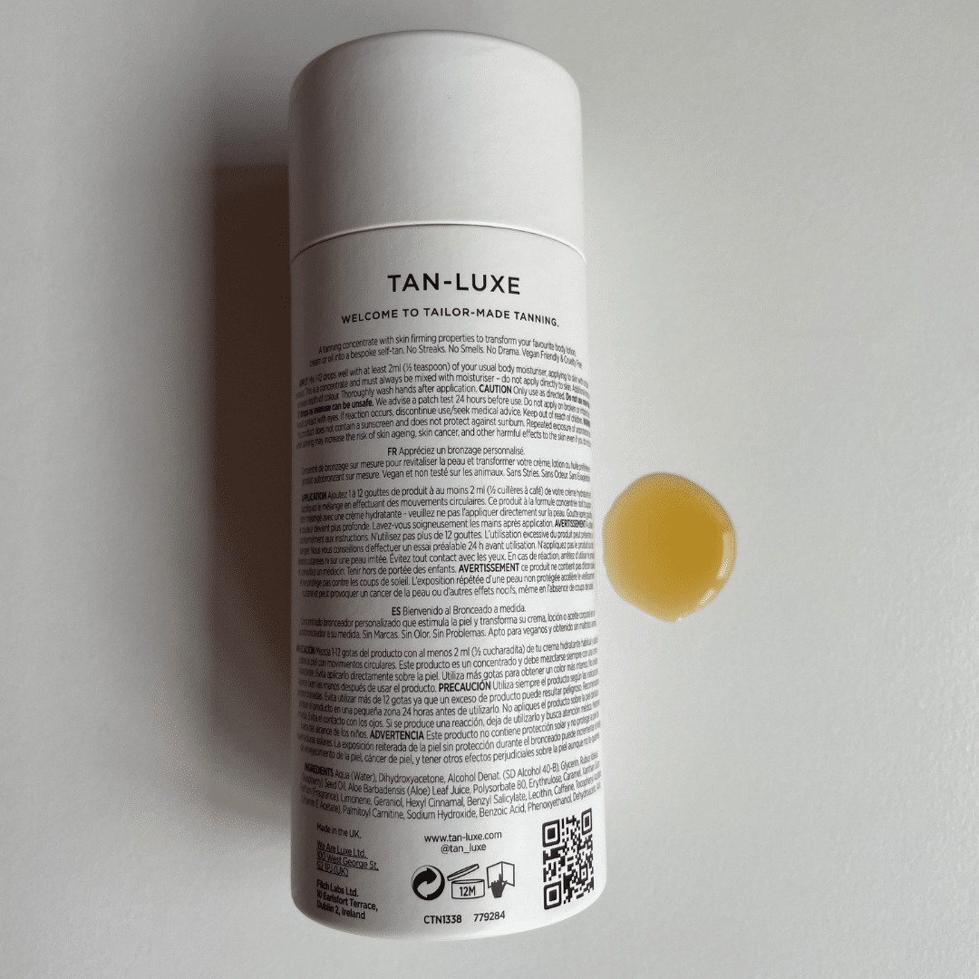Gotas autobronceadoras TAN-LUX DROPS: ENVASE E INGREDIENTES.